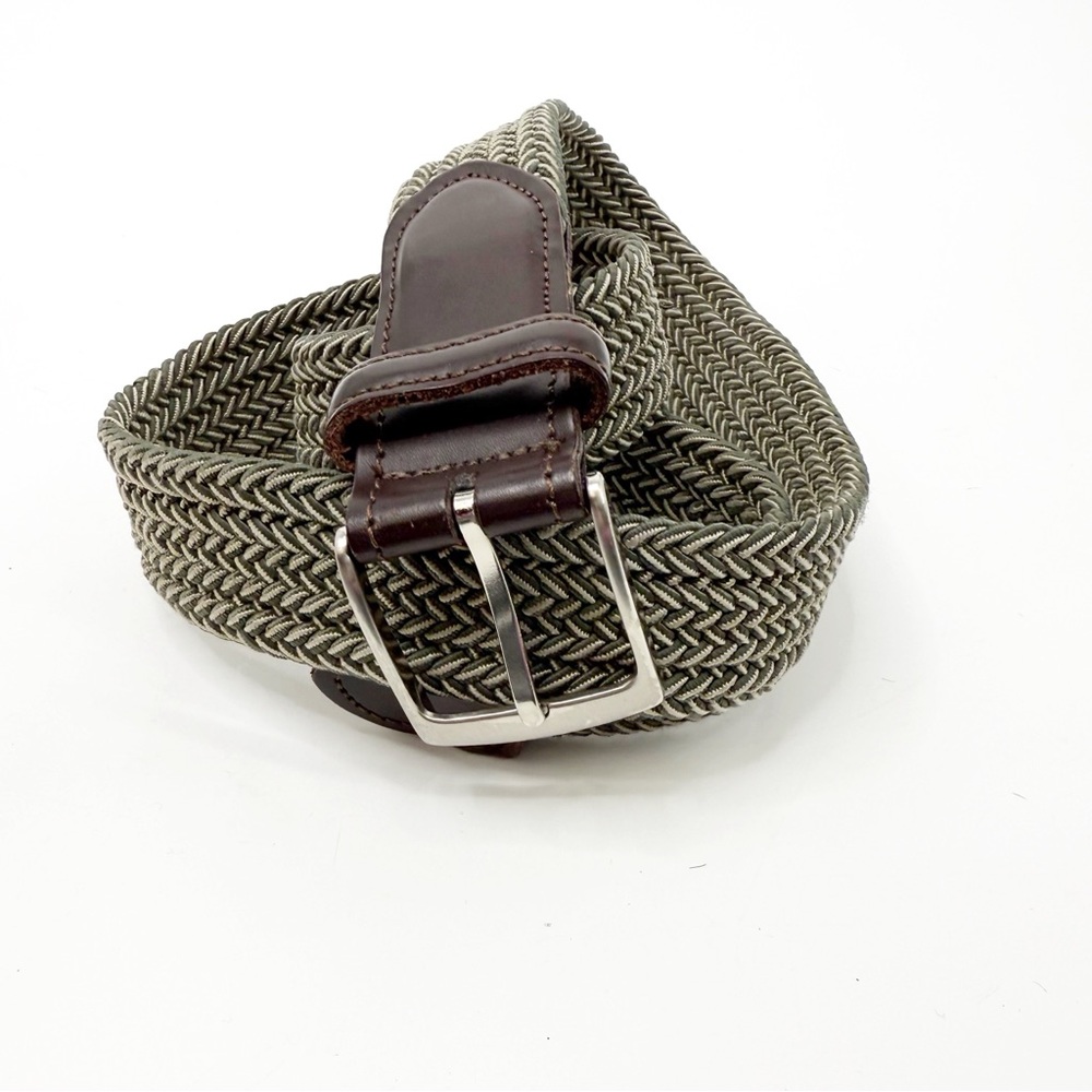 Brown and Green Woven Elastic Belt with Leather Trim, 34